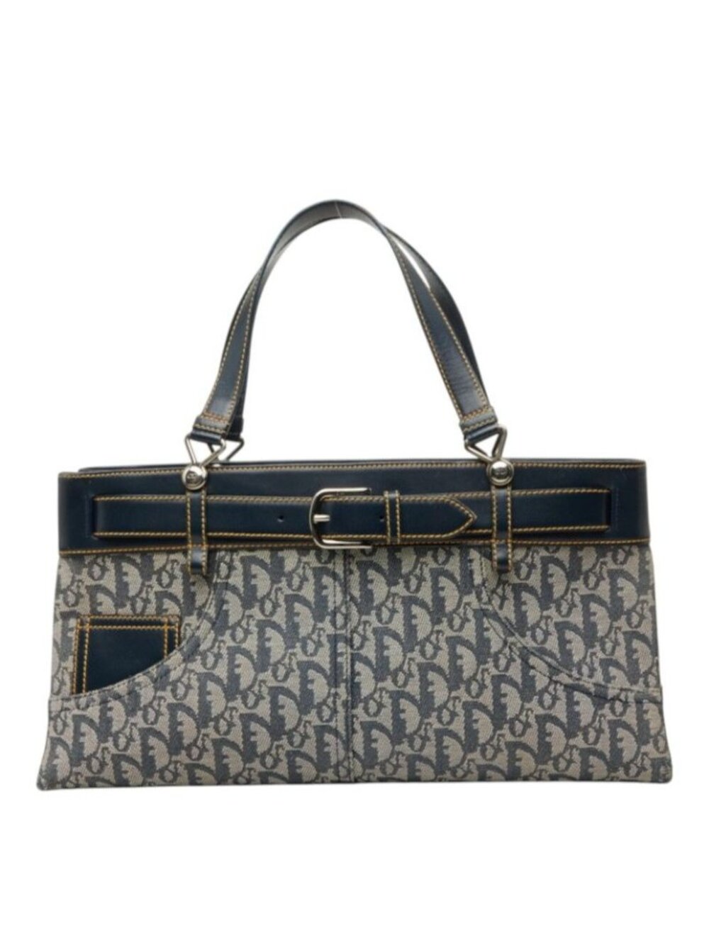 Dior Oblique Trotter Pants Motif Handbag Navy Leather Jacquard